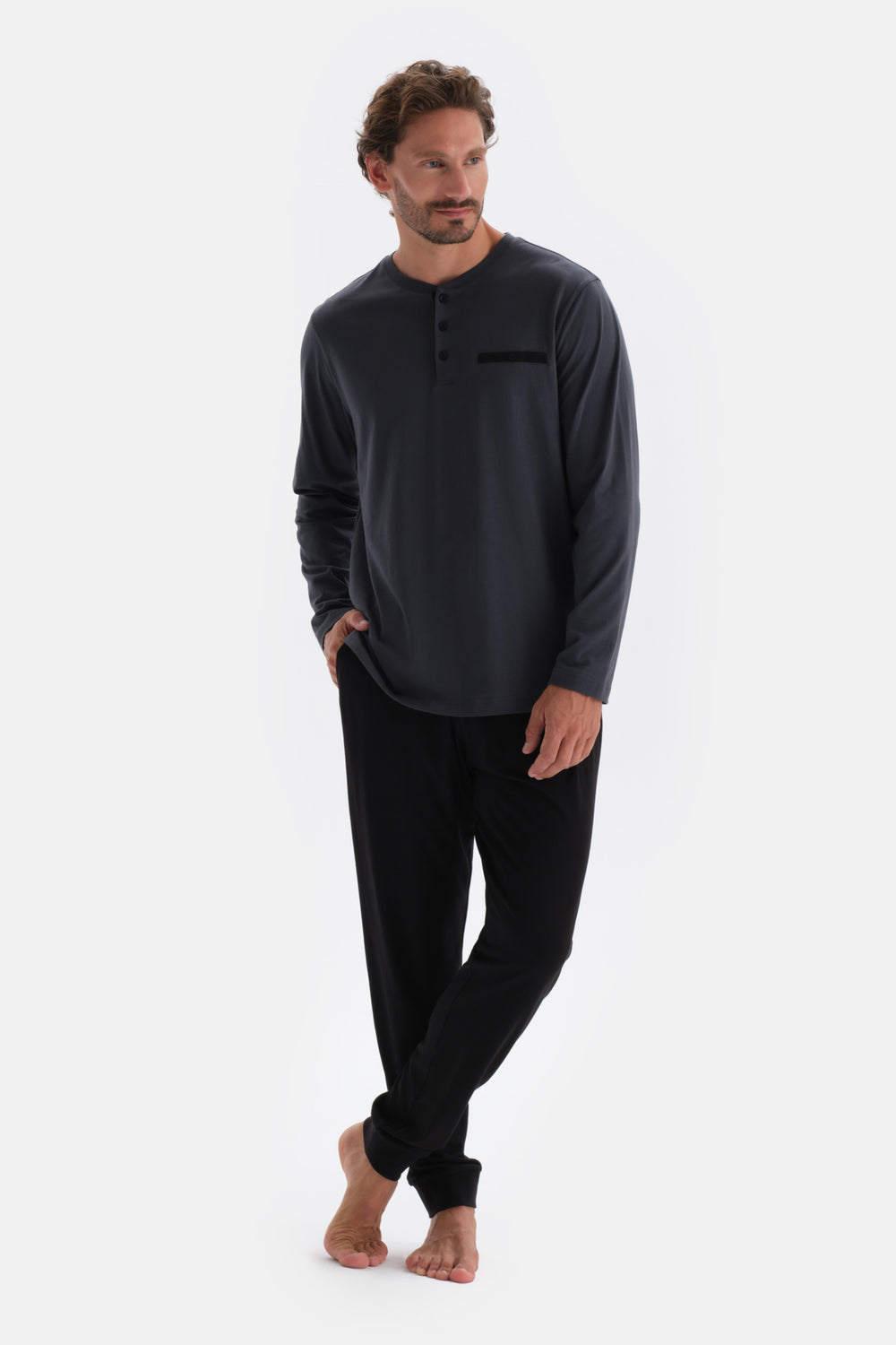 Anthracite HALF-PLOT LONG SLEEVE COTTON MODAL PAJAMAS SUIT