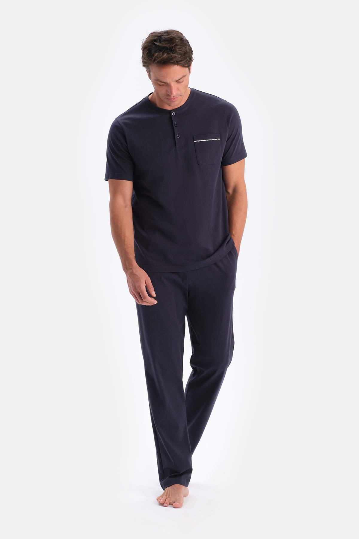 Lacivert Yarım Patlı Kısa Kollu Süprem Pijama Takımı