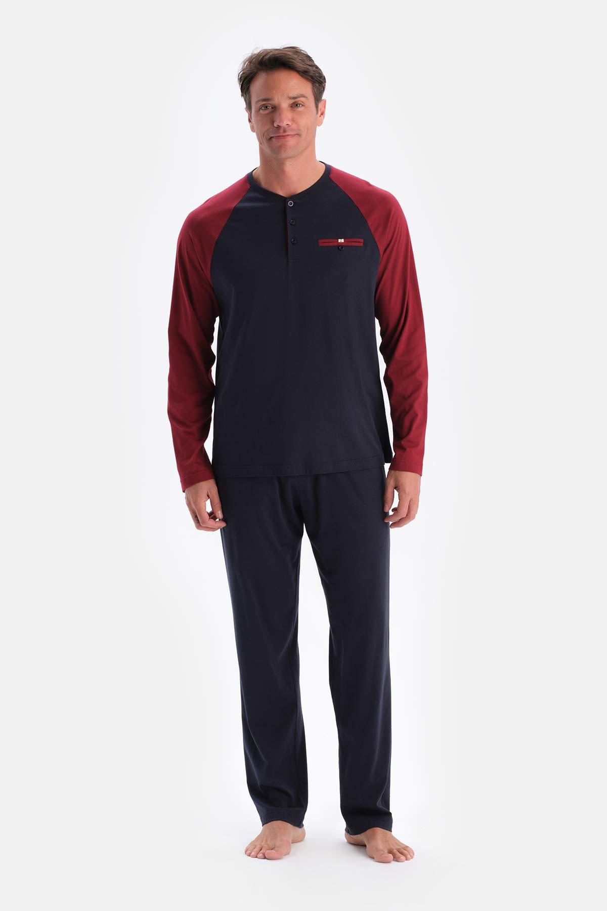 Lacivert Reglan Kol Garnili Pamuk Modal Pijama Takımı