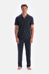 Navy PRINTED COTTON MODAL SHIRT TROUSERS PAJAMA SET