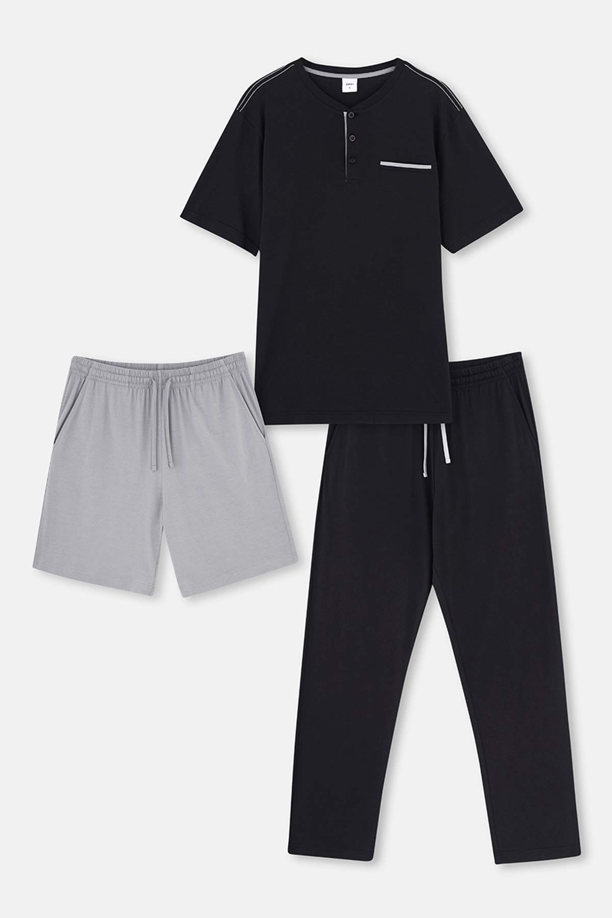 Black HALF POTTED SHORT SLEEVE SHORTS TROUSERS TRIPLE PAJAMA SET