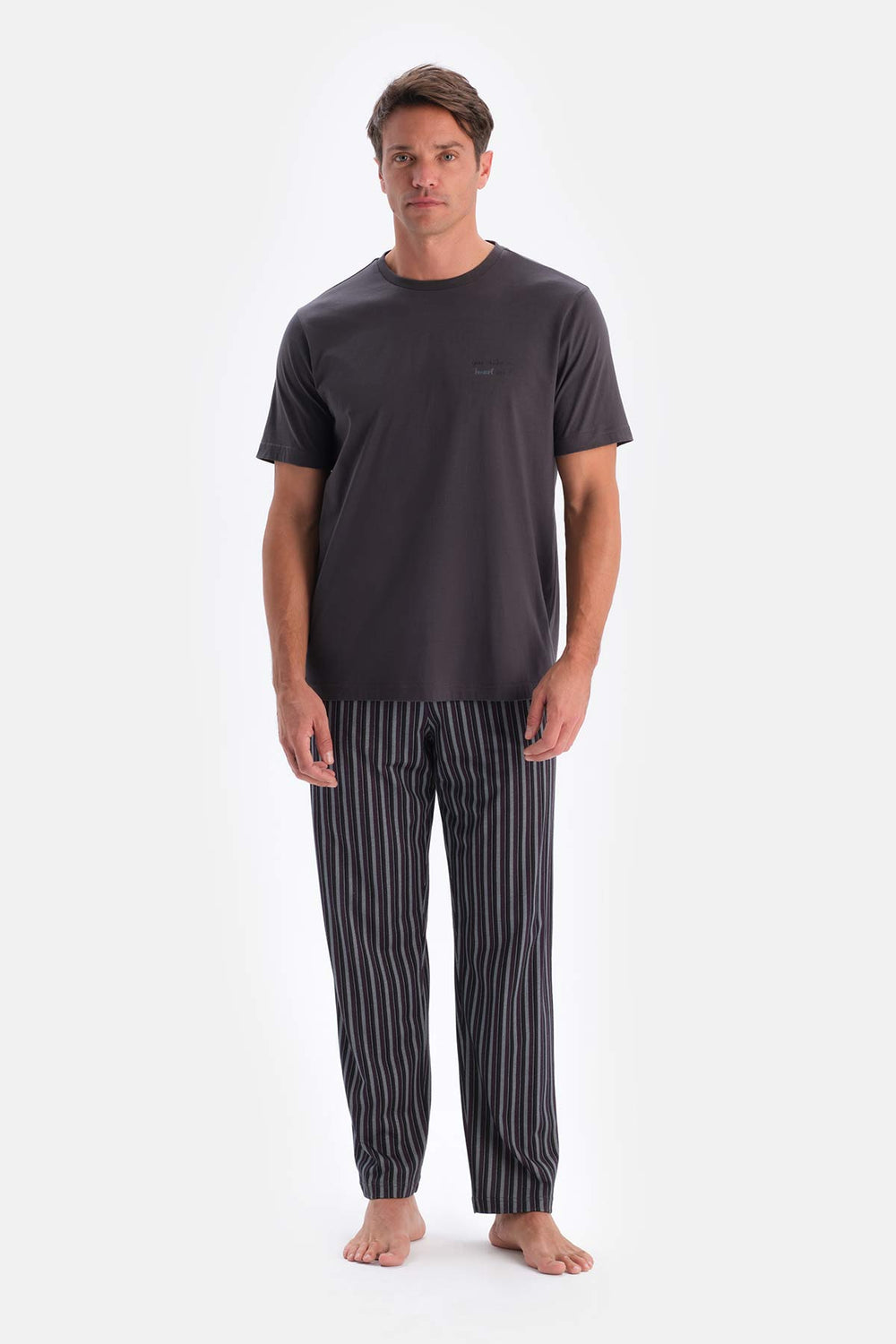 Füme Kısa Kollu Bisiklet Yaka Altı Çizgi Metraj Baskılı Pijama Takımı