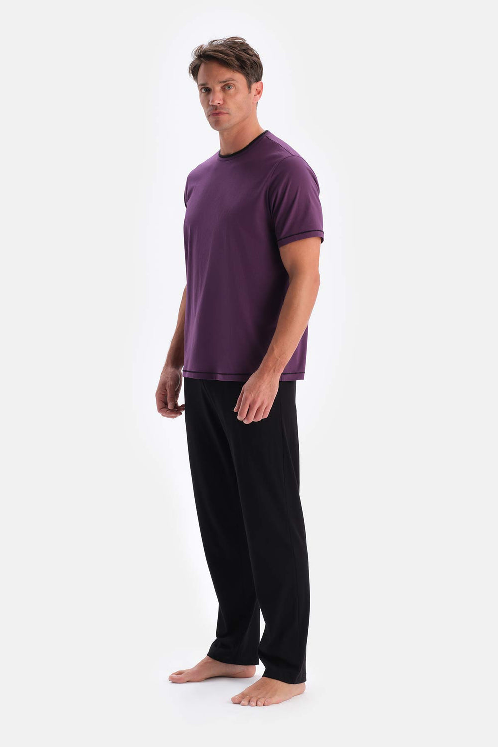 Mor Kısa Kollu Bisiklet Yaka Tişört Pantolon Pijama Takımı