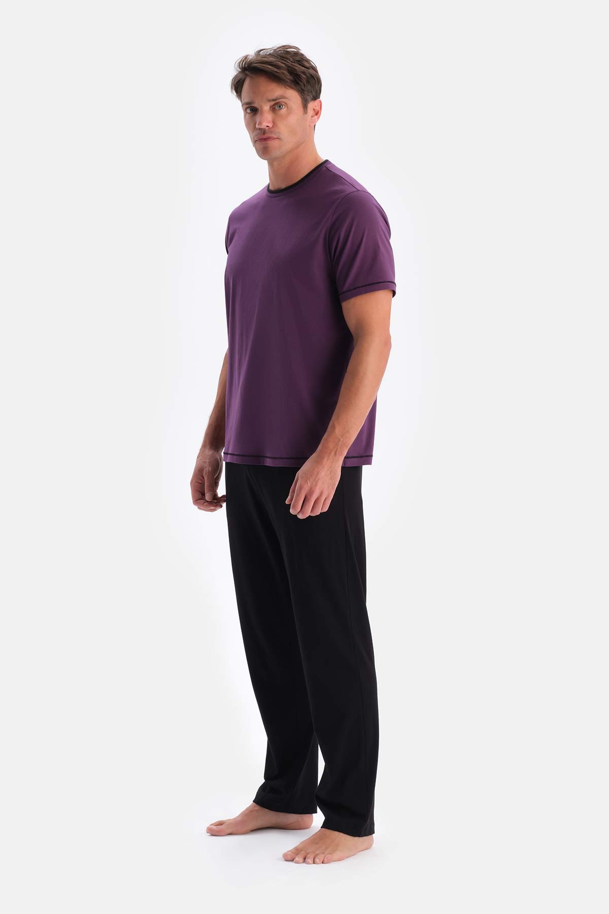 Mor Kısa Kollu Bisiklet Yaka Tişört Pantolon Pijama Takımı