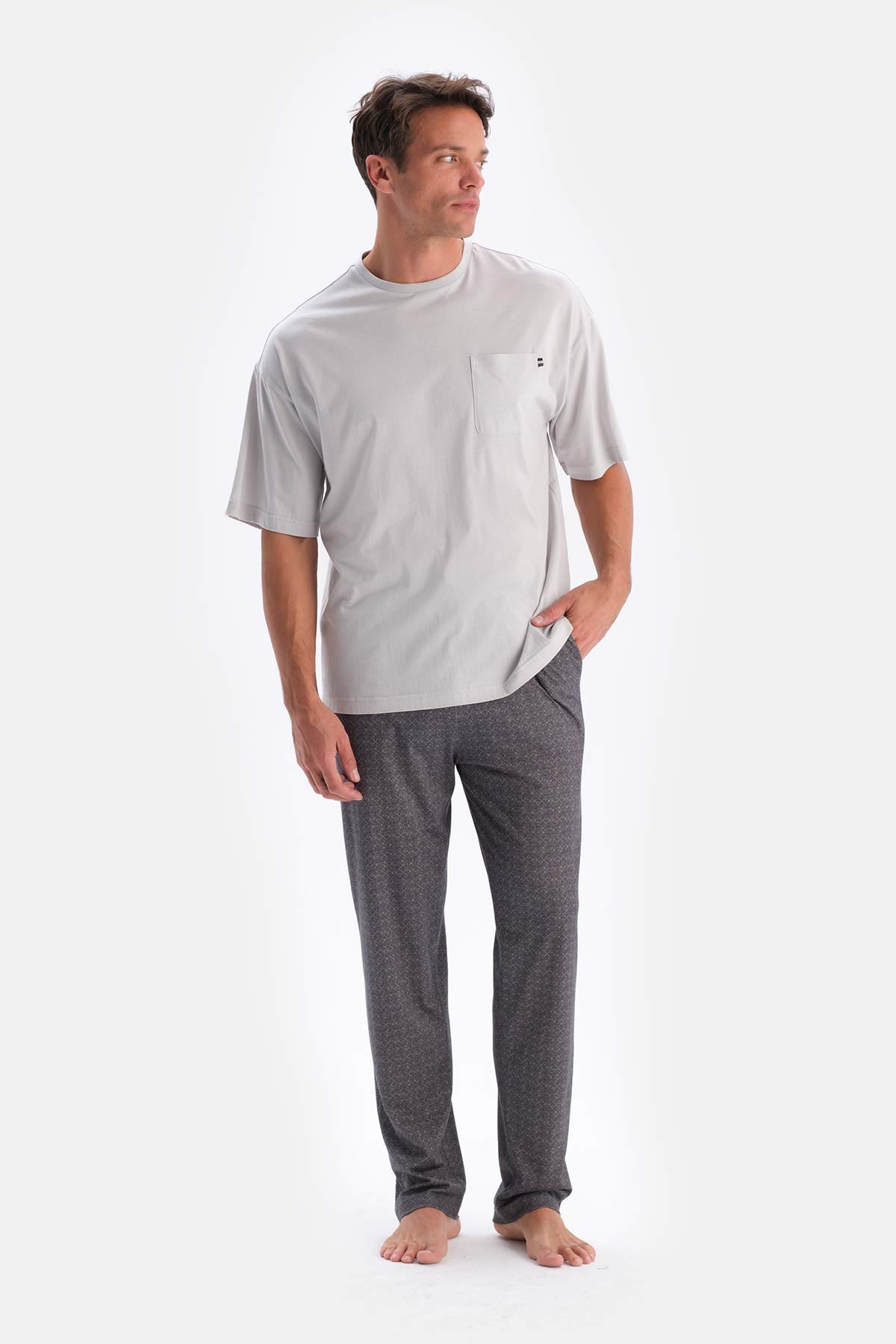Grey CROW NECK OVERSIZE TOP COTTON MODAL PAJAMA SET