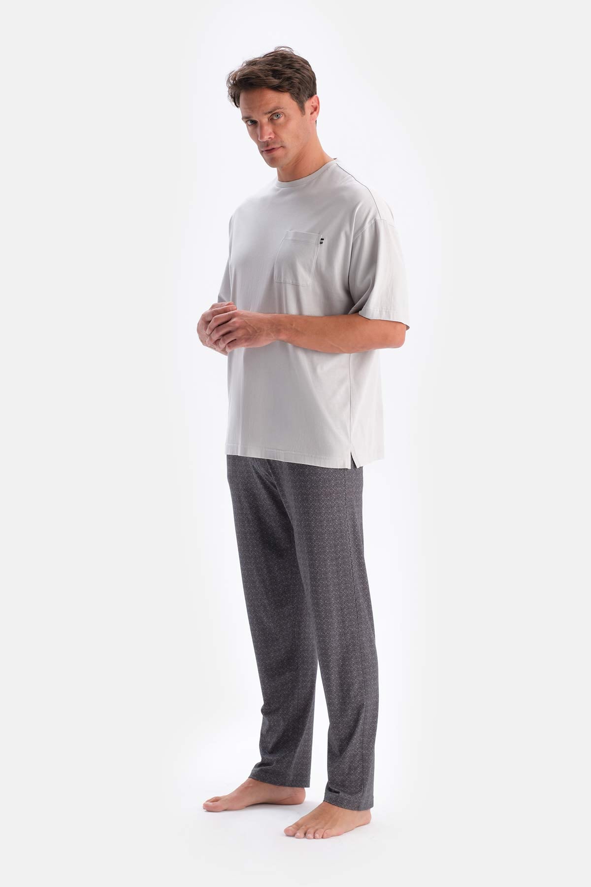 Grey CROW NECK OVERSIZE TOP COTTON MODAL PAJAMA SET