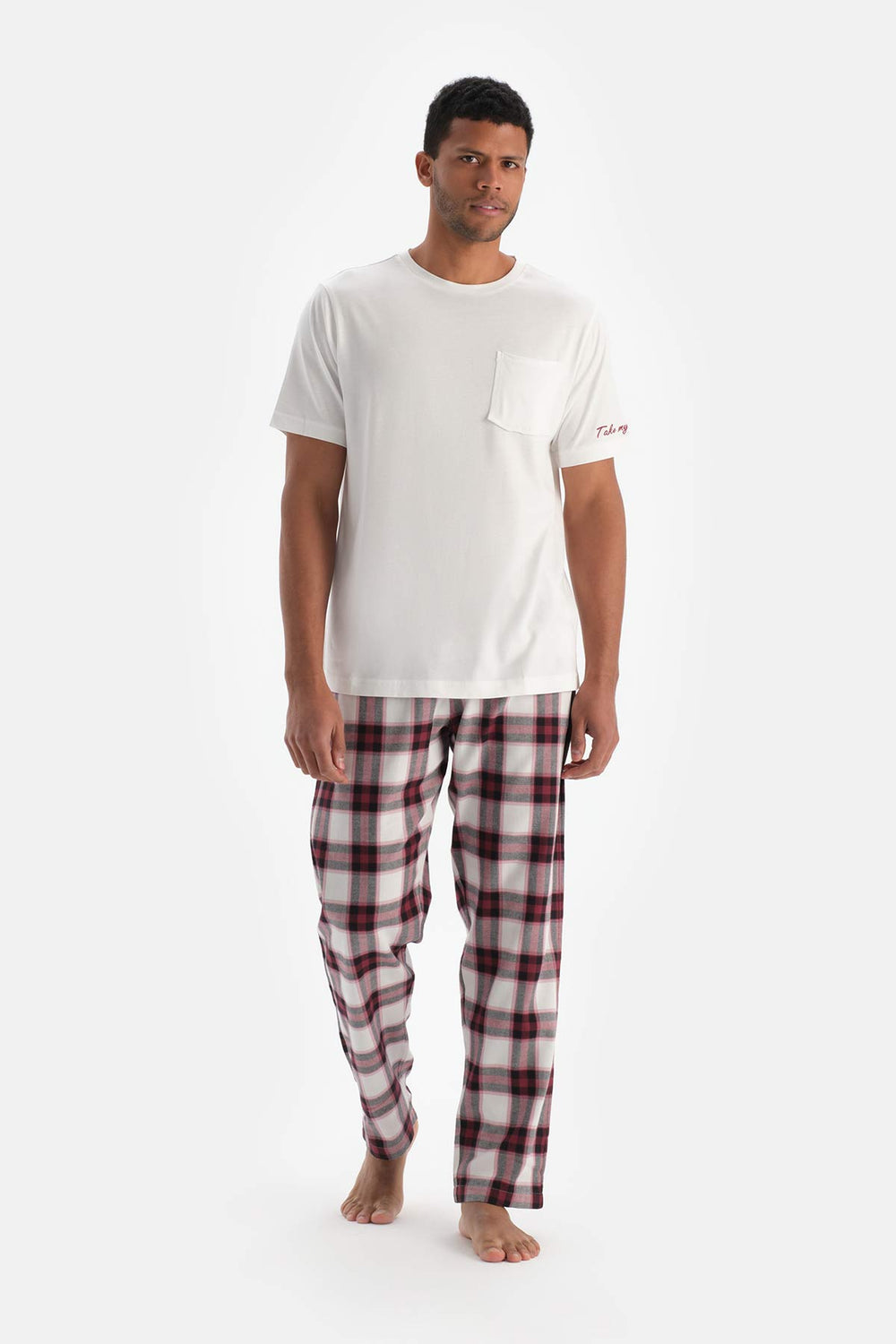 Ecru EMBROIDERY DETAILED WOVEN PLAID T-SHIRT TROUSERS PAJAMA SET