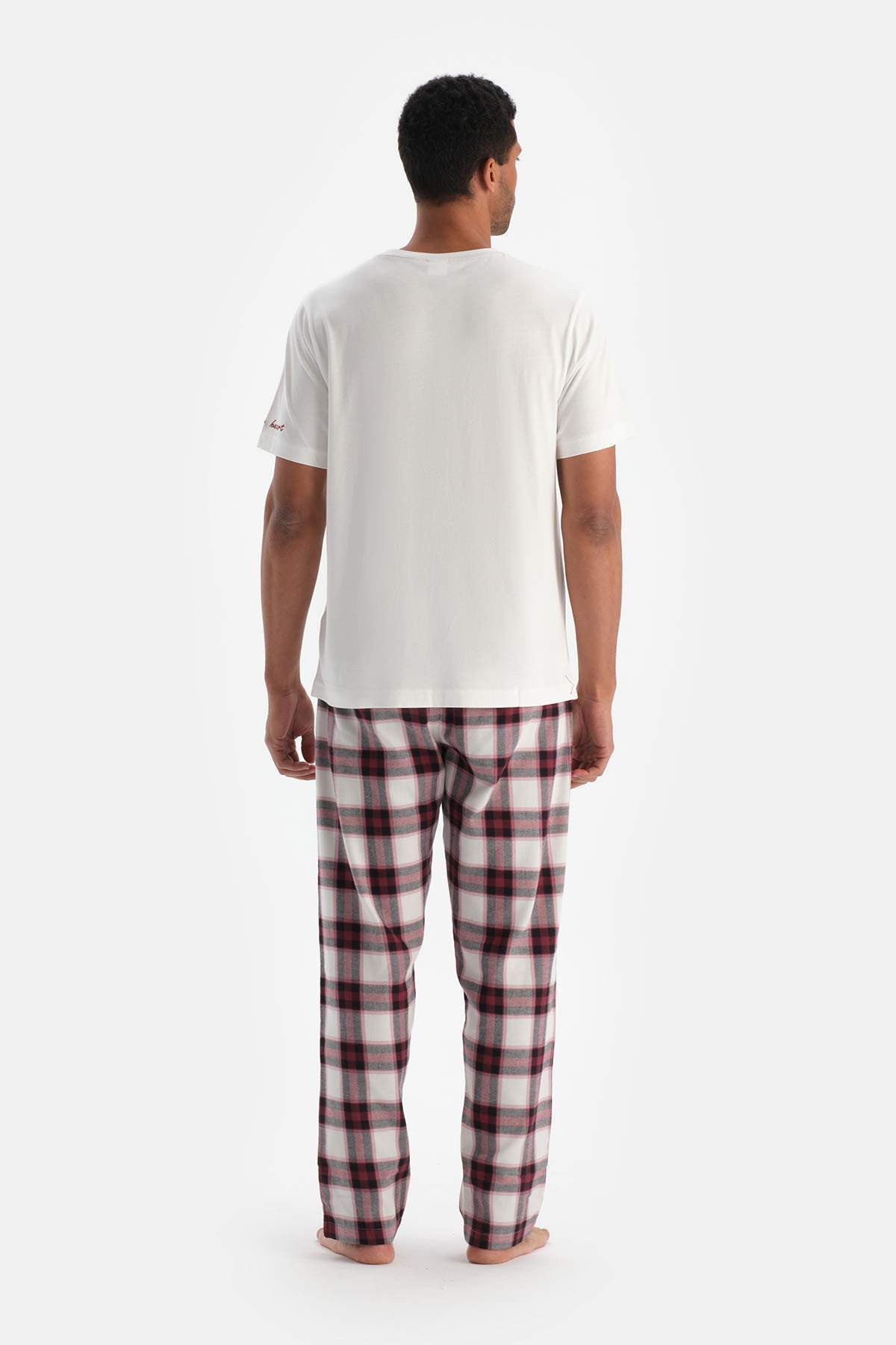 Ecru EMBROIDERY DETAILED WOVEN PLAID T-SHIRT TROUSERS PAJAMA SET