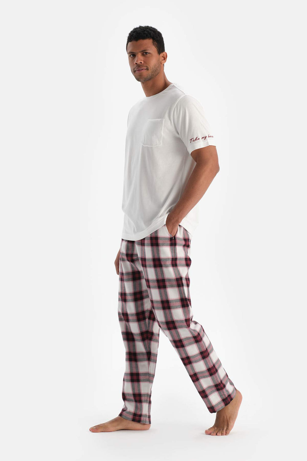 Ecru EMBROIDERY DETAILED WOVEN PLAID T-SHIRT TROUSERS PAJAMA SET