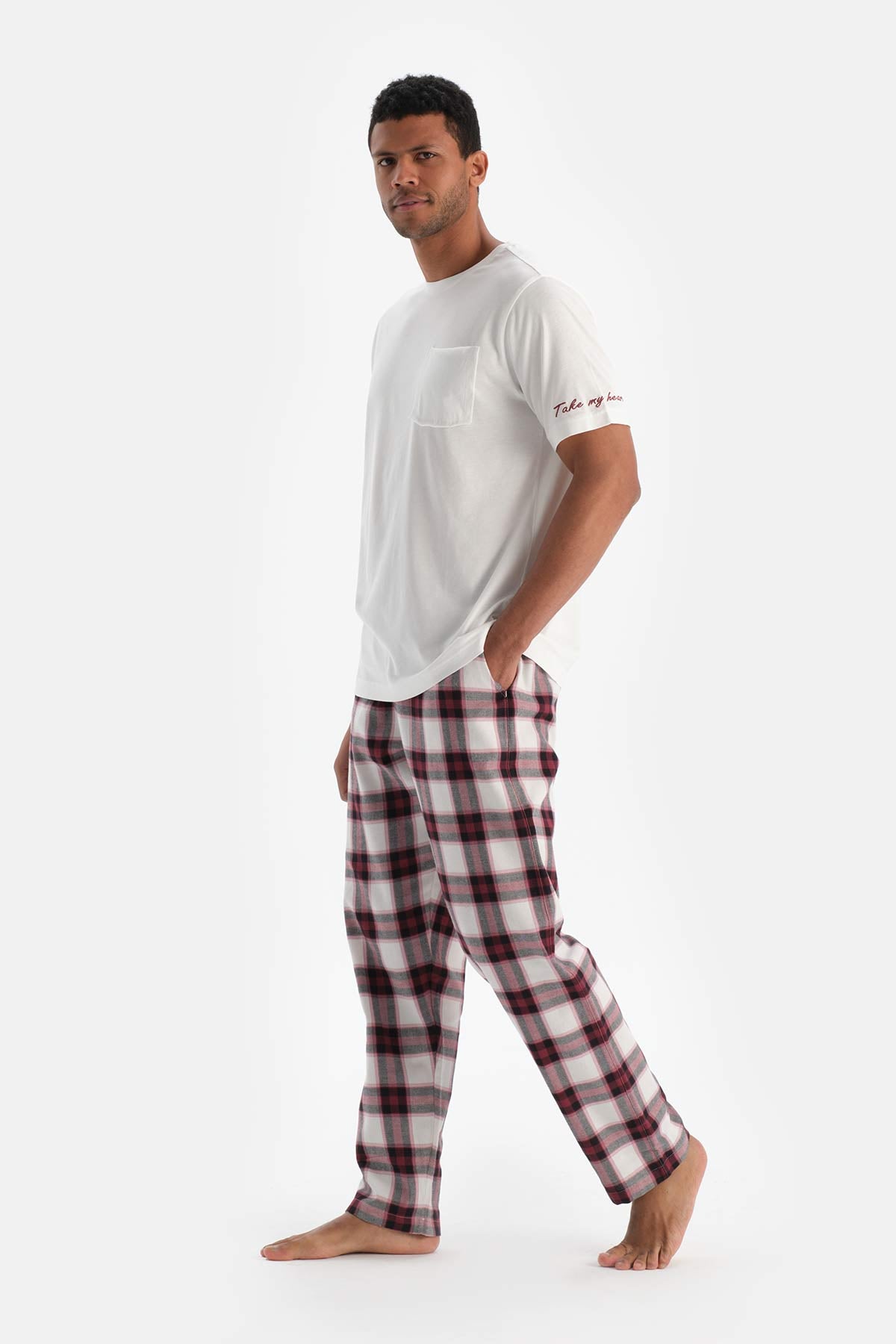 Ecru EMBROIDERY DETAILED WOVEN PLAID T-SHIRT TROUSERS PAJAMA SET