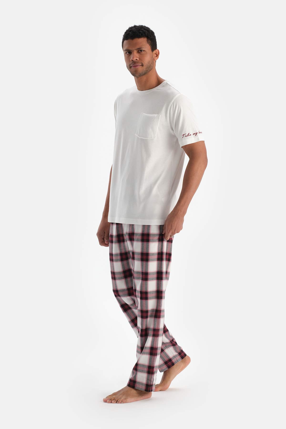 Ecru EMBROIDERY DETAILED WOVEN PLAID T-SHIRT TROUSERS PAJAMA SET