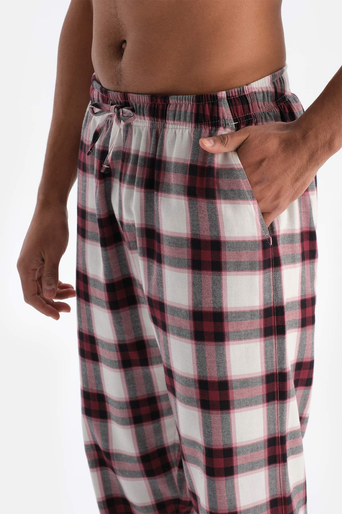 Ecru EMBROIDERY DETAILED WOVEN PLAID T-SHIRT TROUSERS PAJAMA SET