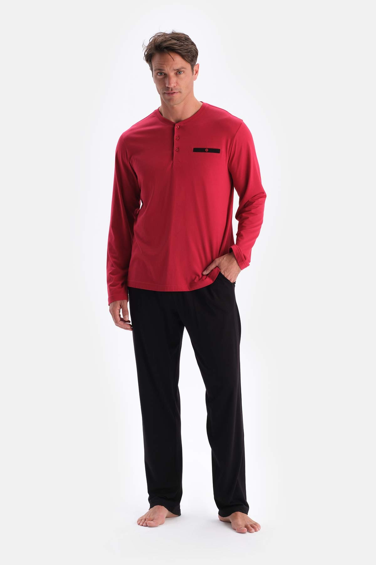 Bordo Yarım Patlı Uzun Kollu Şort Pantolon Üçlü Pijama Takımı