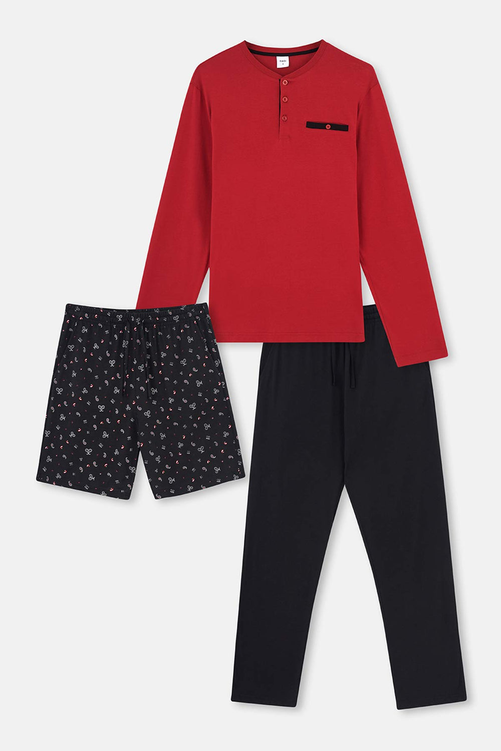 Bordo Yarım Patlı Uzun Kollu Şort Pantolon Üçlü Pijama Takımı