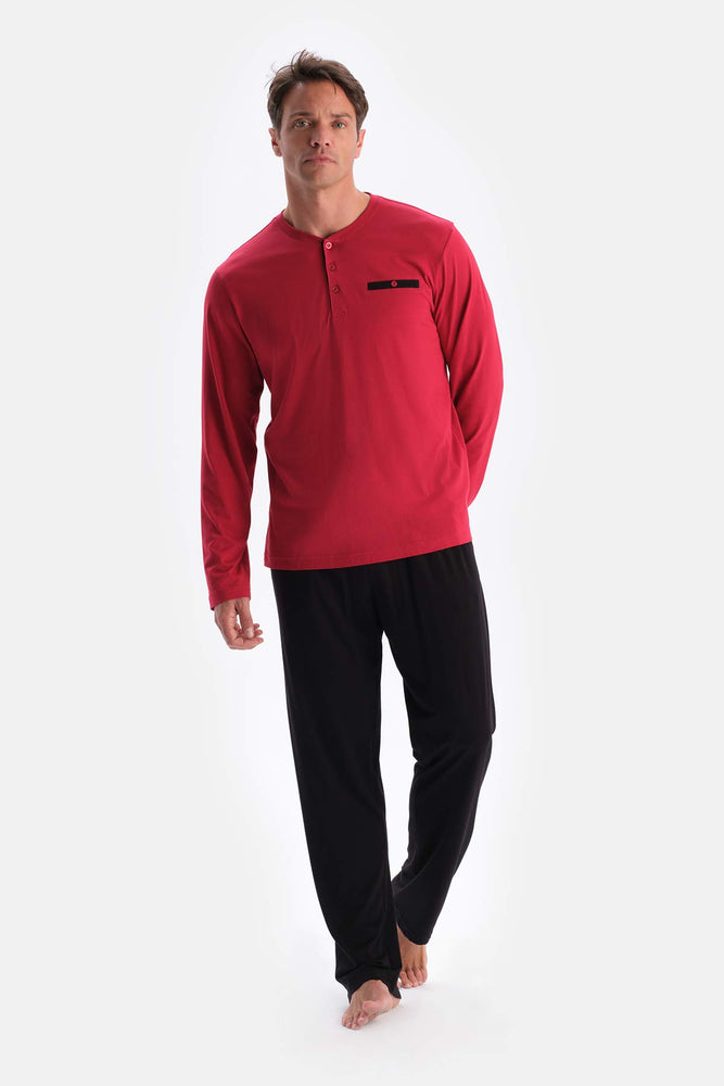 Bordo Yarım Patlı Uzun Kollu Şort Pantolon Üçlü Pijama Takımı