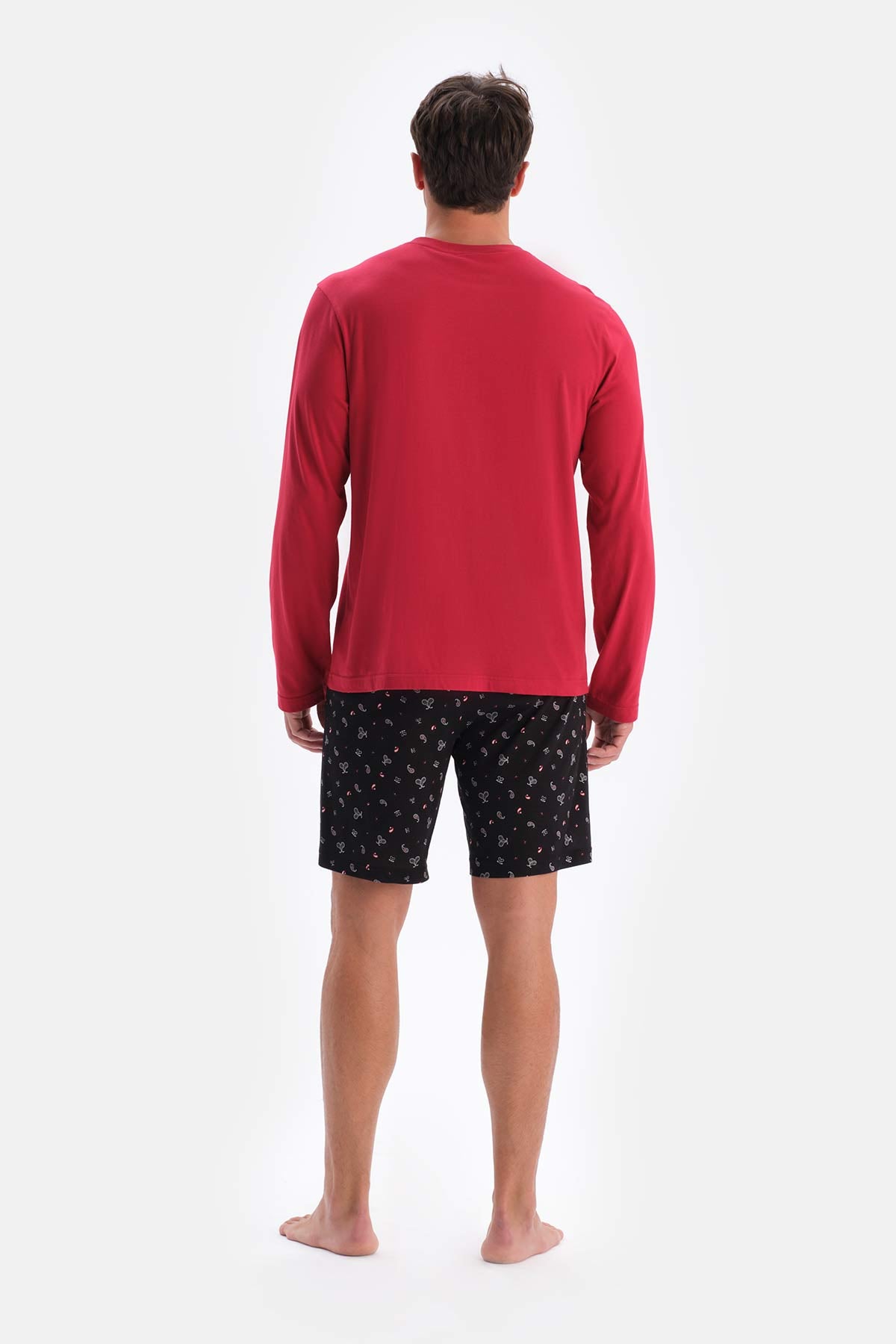 Bordo Yarım Patlı Uzun Kollu Şort Pantolon Üçlü Pijama Takımı