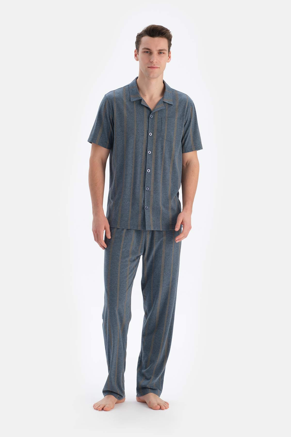 Multicolor Gömlek Yaka Kısa Kollu Çizgili Modal Pijama Takımı