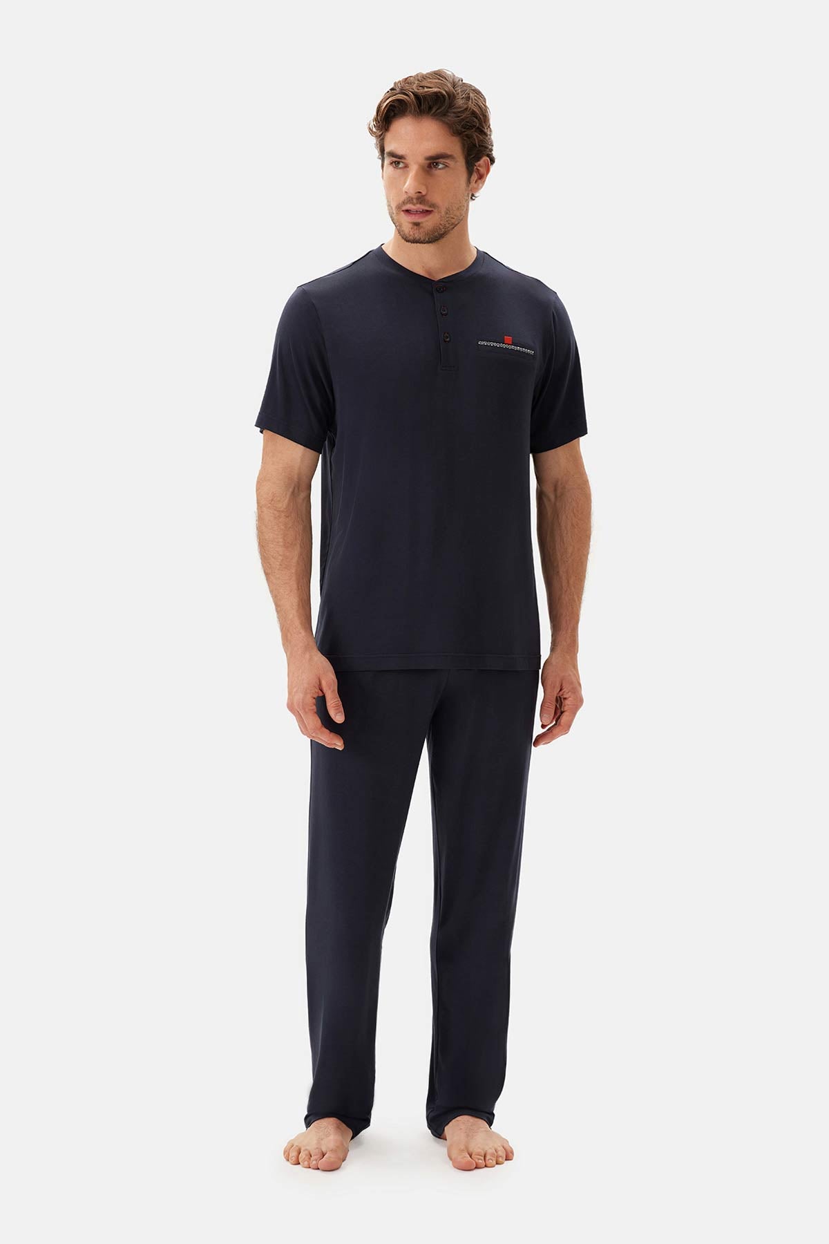 Lacivert Yarım Patlı Tişört Pantolon Pijama Takımı