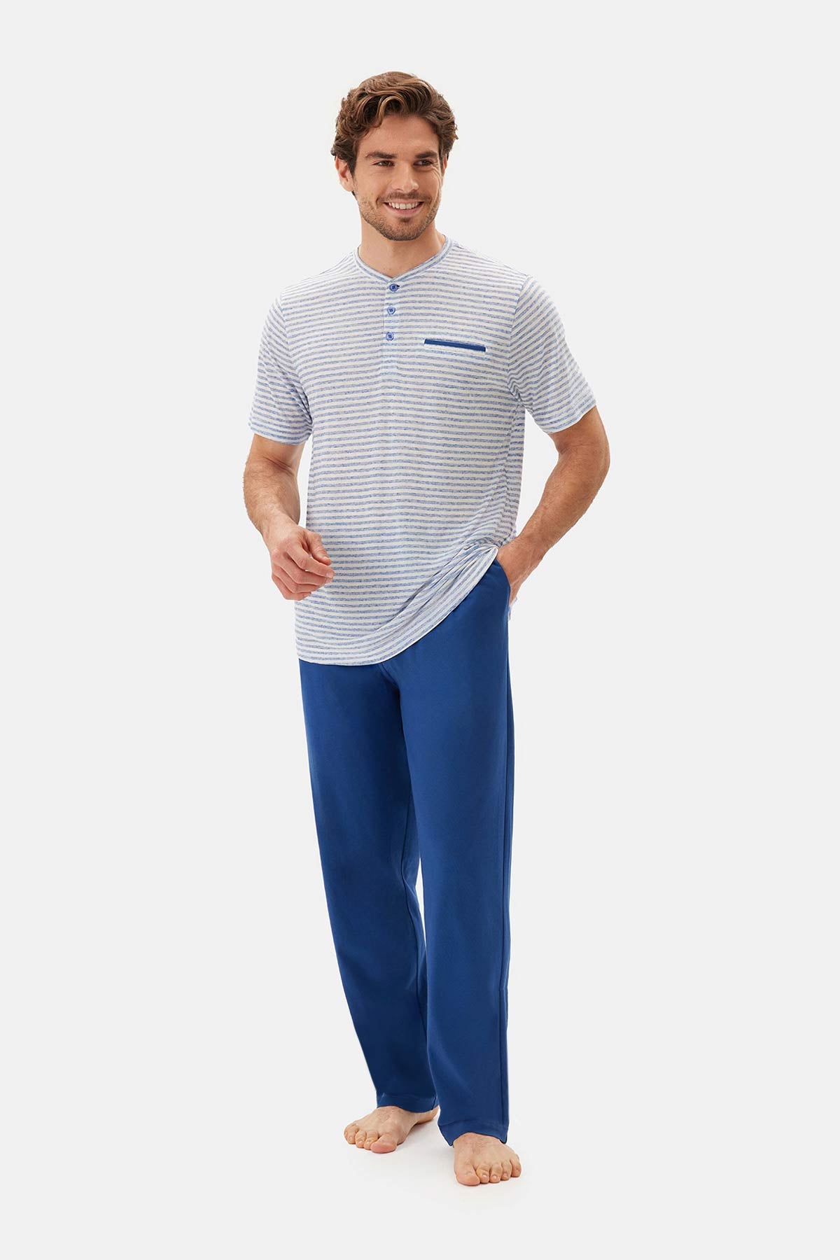 Mavi Yarım Patlı Kısa Kollu Pijama Takımı