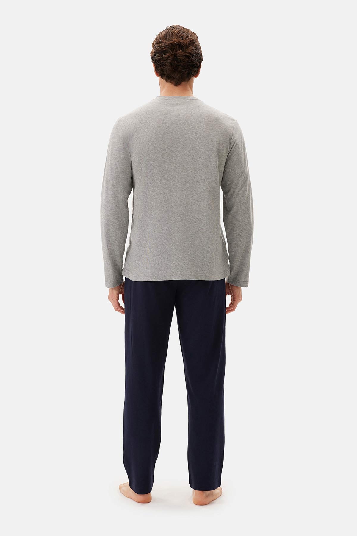 Gri Melanj Uzun Kollu Patlı Tişört Pantolon Pijama Takımı