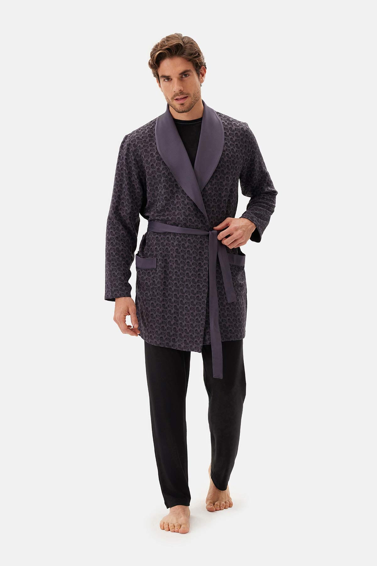 Füme Şal Yaka Jakarlı Groom Sabahlık