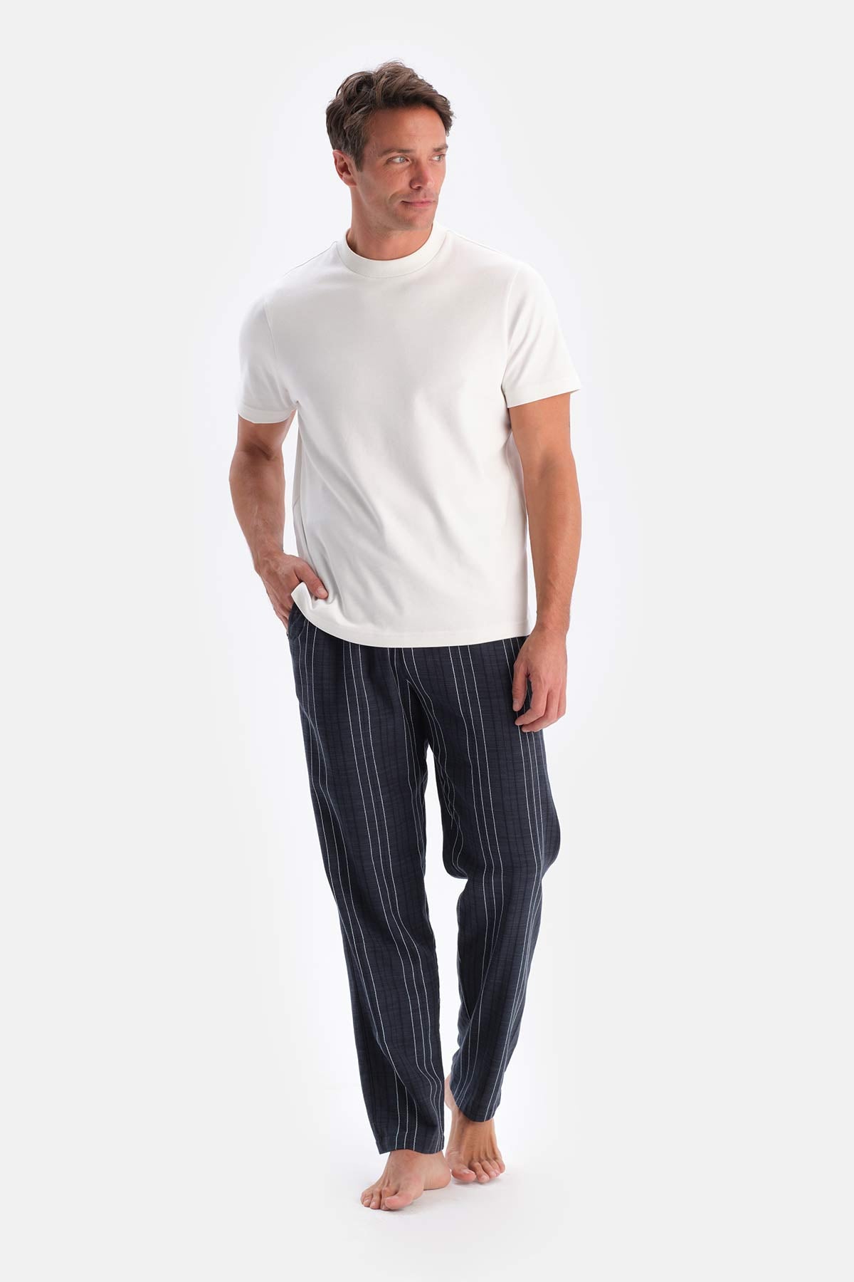 Navy STRIPED WOVEN TROUSERS