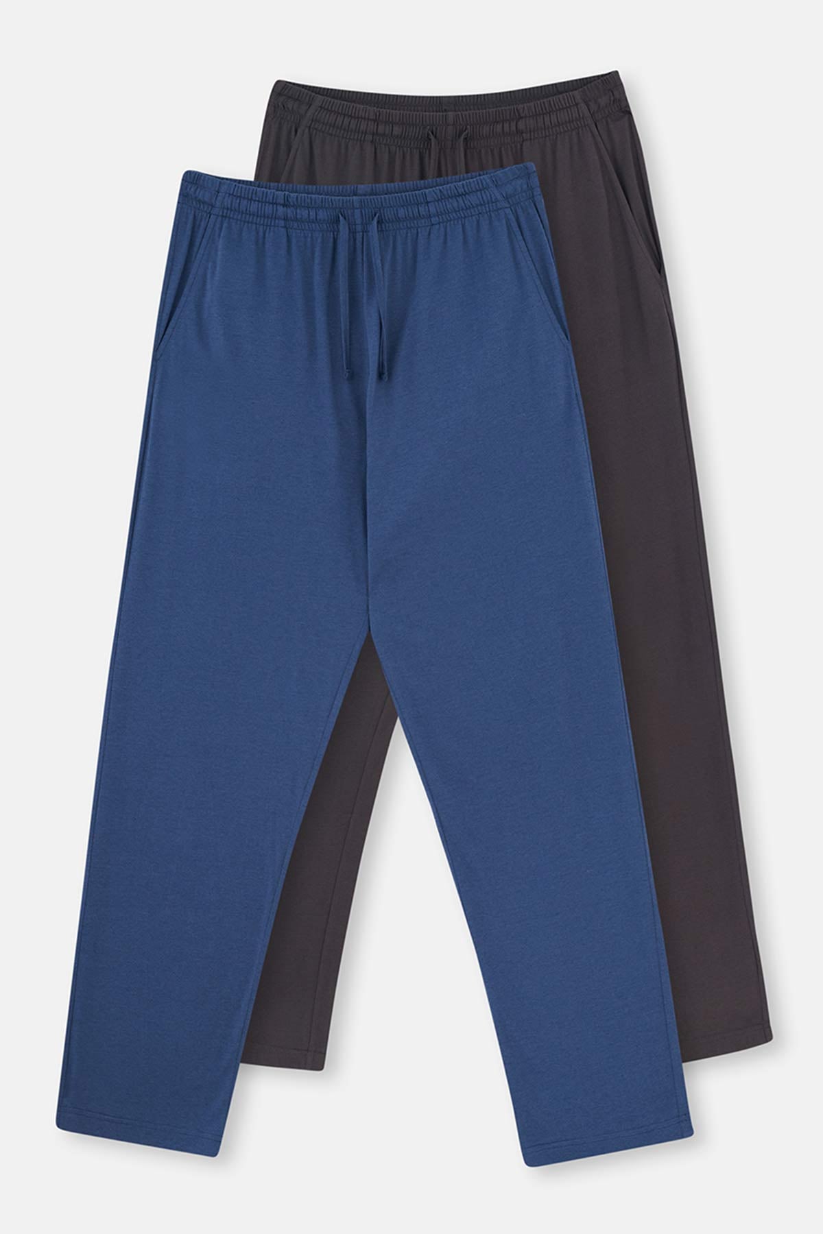 Indigo-Grey COTTON MODAL KNITTED TWO PANTS WITH POCKETS AND LACES