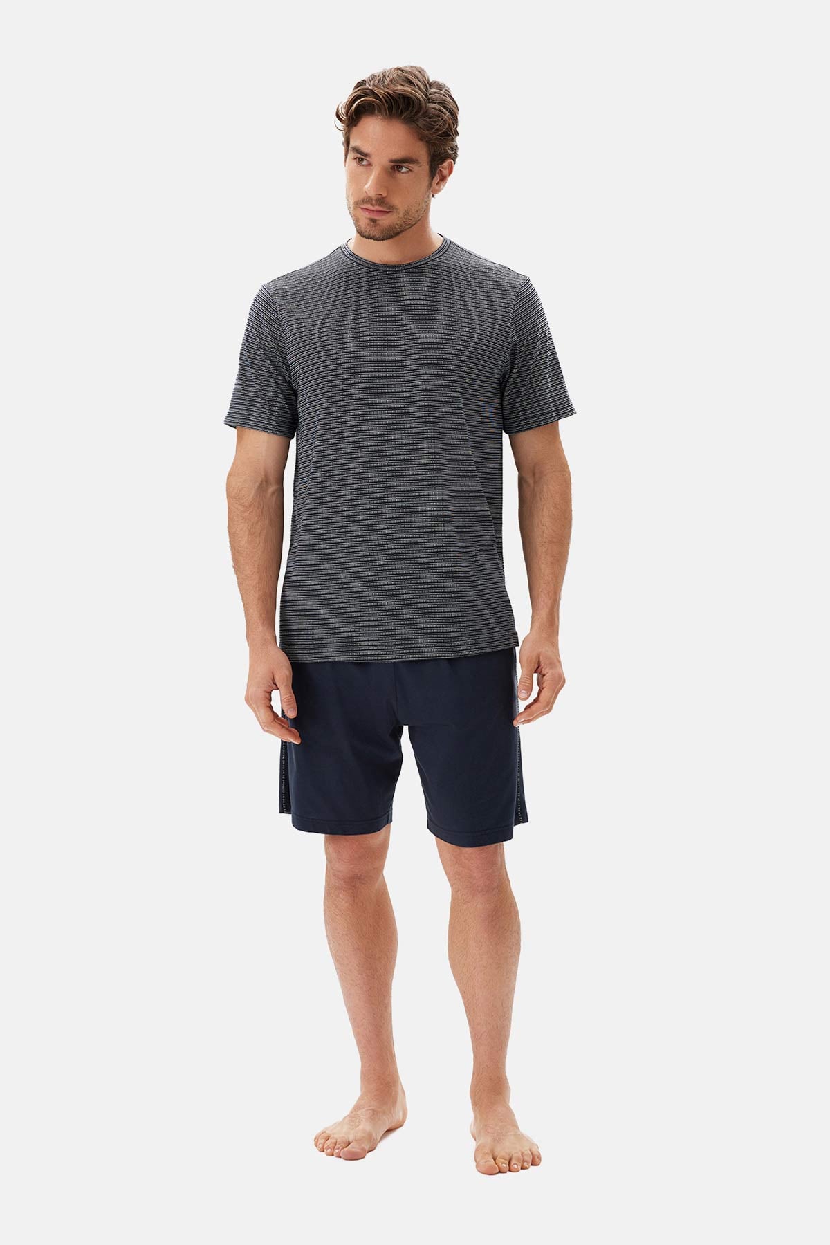 Lacivert Bis Yaka Jakarlı Tişört Şort Pijama Takımı