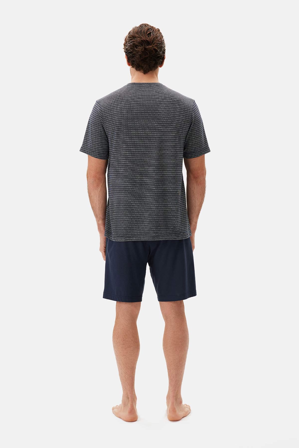 Lacivert Bis Yaka Jakarlı Tişört Şort Pijama Takımı