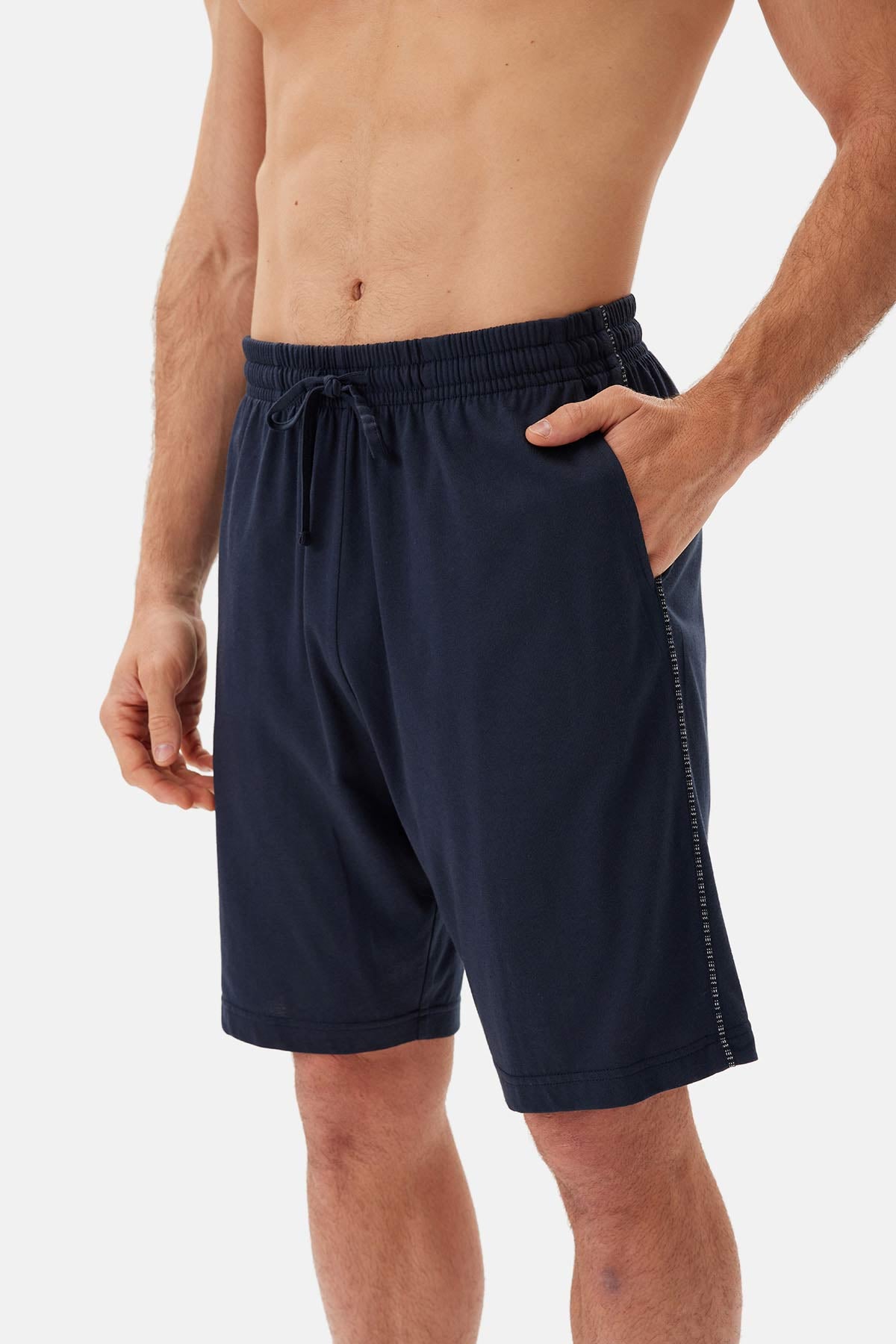 Lacivert Bis Yaka Jakarlı Tişört Şort Pijama Takımı