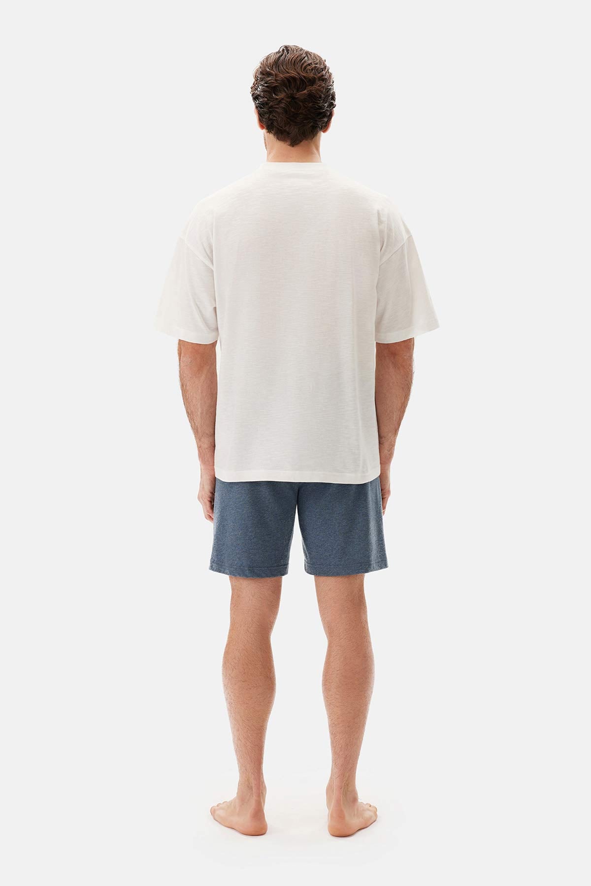 Ekru Bıs Yaka Flamlı Tişört Şort Pijama Takımı