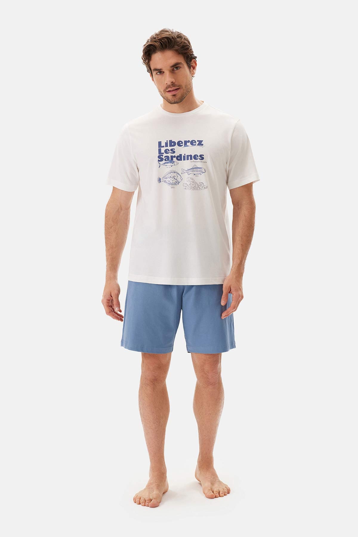 Ekru Bis Yaka Baskılı Kısa Kollu Şort Pijama Takımı