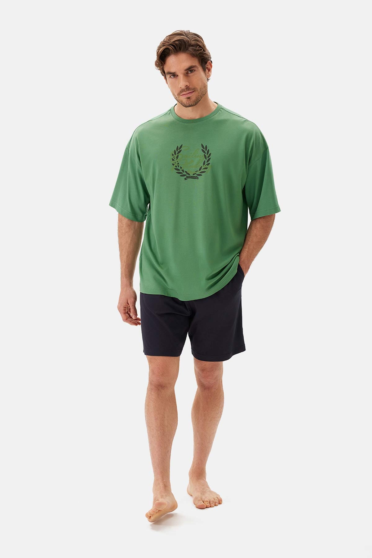 Yeşil Bis Yaka Baskılı Kısa Kollu Şort Pijama Takımı