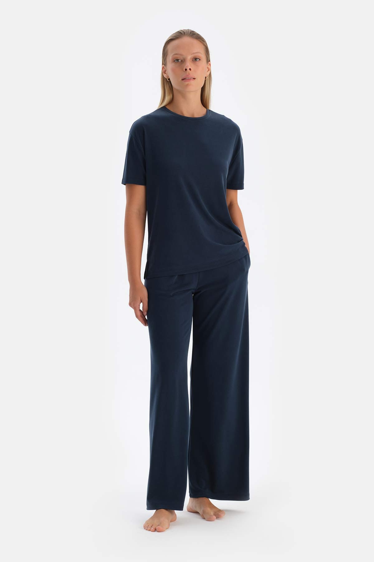 Navy CUPRO TROUSERS WITH POCKETS