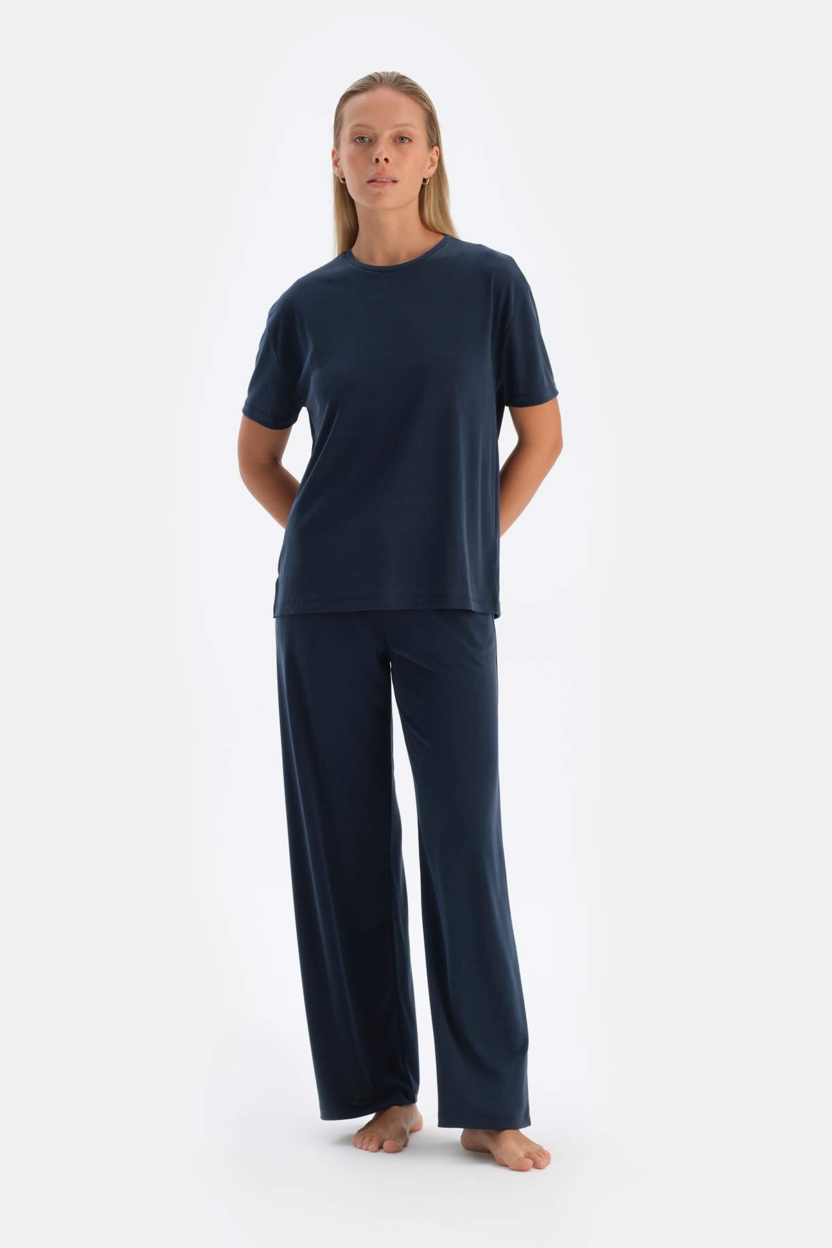 Navy CUPRO TROUSERS WITH POCKETS