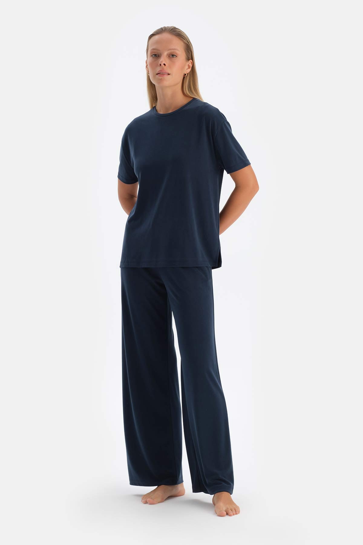 Navy CUPRO TROUSERS WITH POCKETS