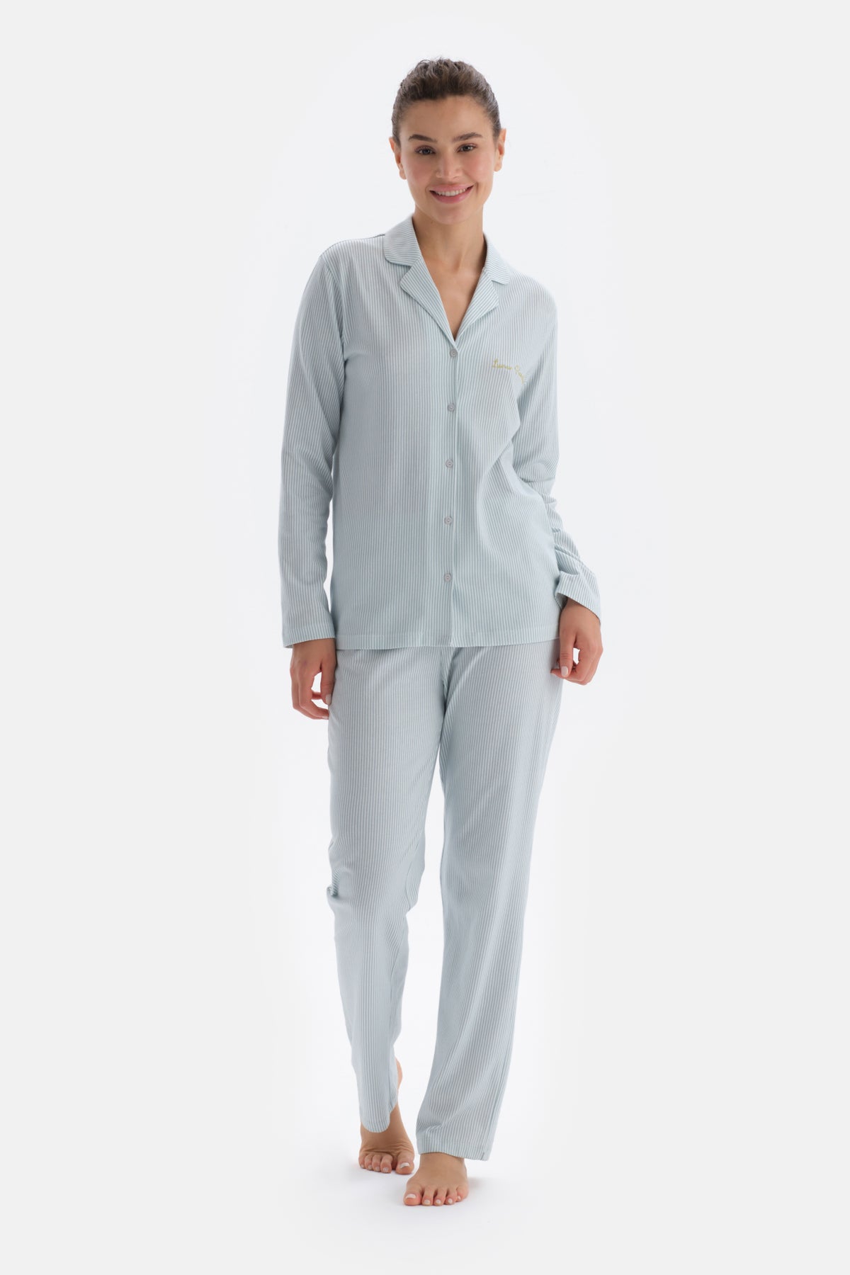 Light Blue SHIRT COLLAR EMBROIDERY DETAILED PAJAMA SUIT