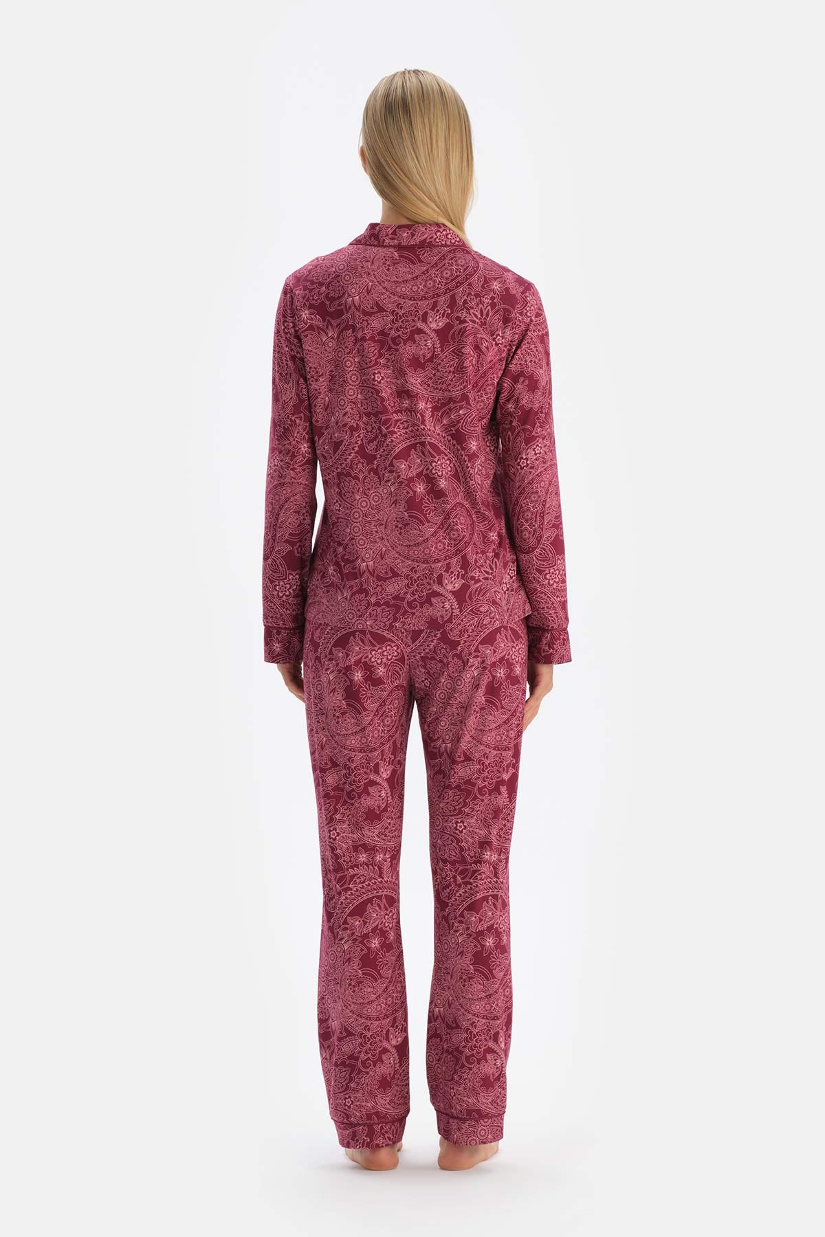 Bordo Şal Desenli Pamuk Modal Gömlek Pantolon Pijama Takımı