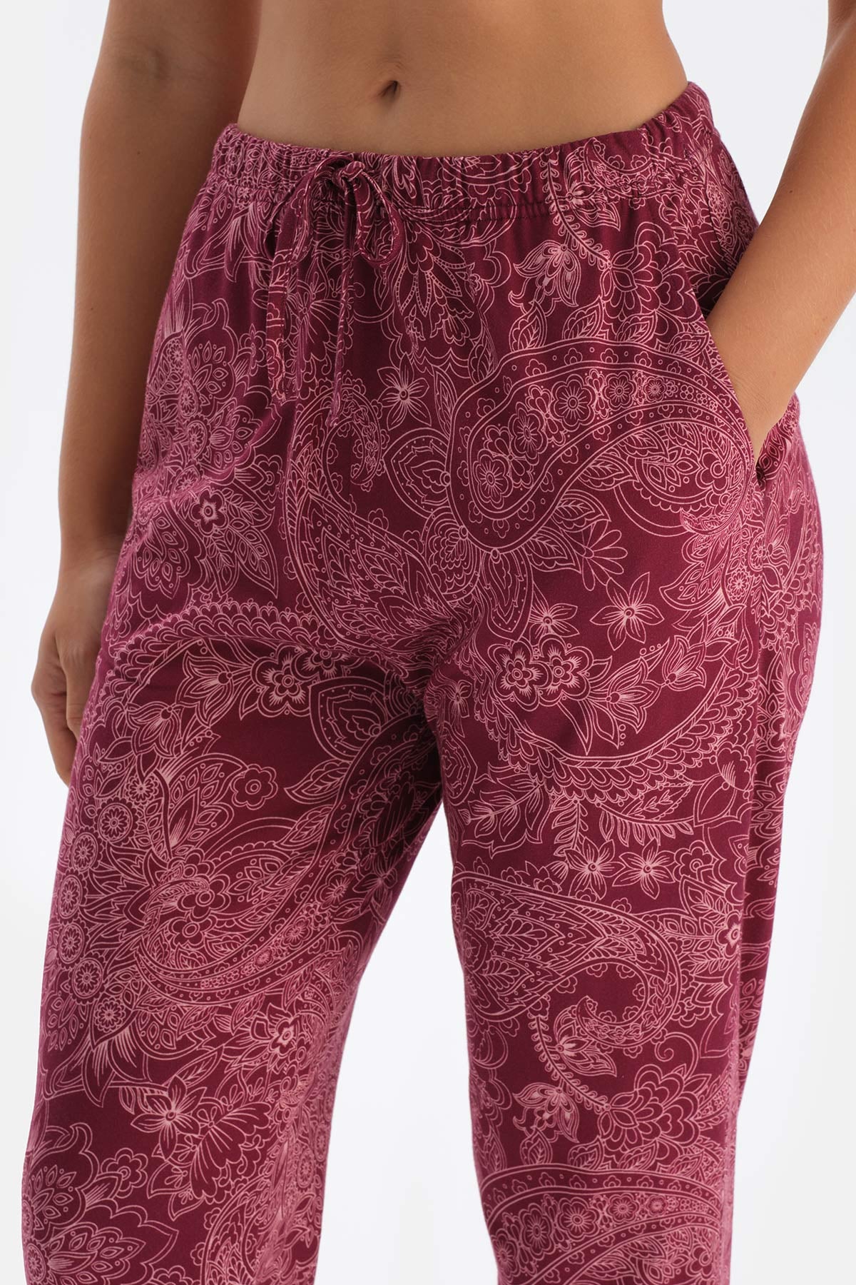 Bordo Şal Desenli Pamuk Modal Gömlek Pantolon Pijama Takımı