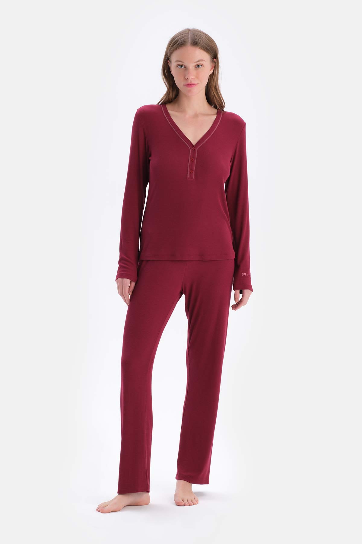 Damson RIB LONG SLEEVE VISCOSE T-SHIRT PANTS PAJAMA SET