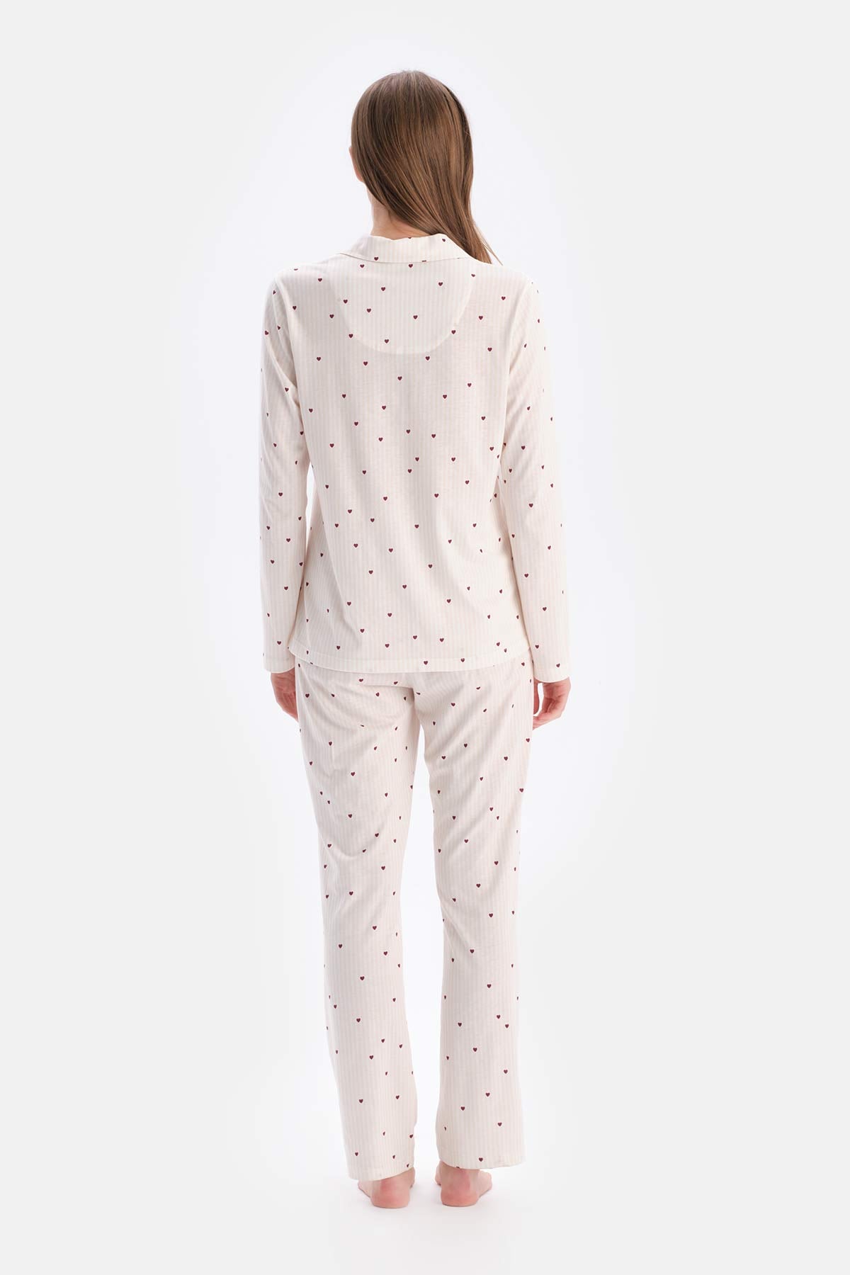 Ekru Minik Kalp Baskılı Süprem Gömlek Pantolon Pijama Takımı