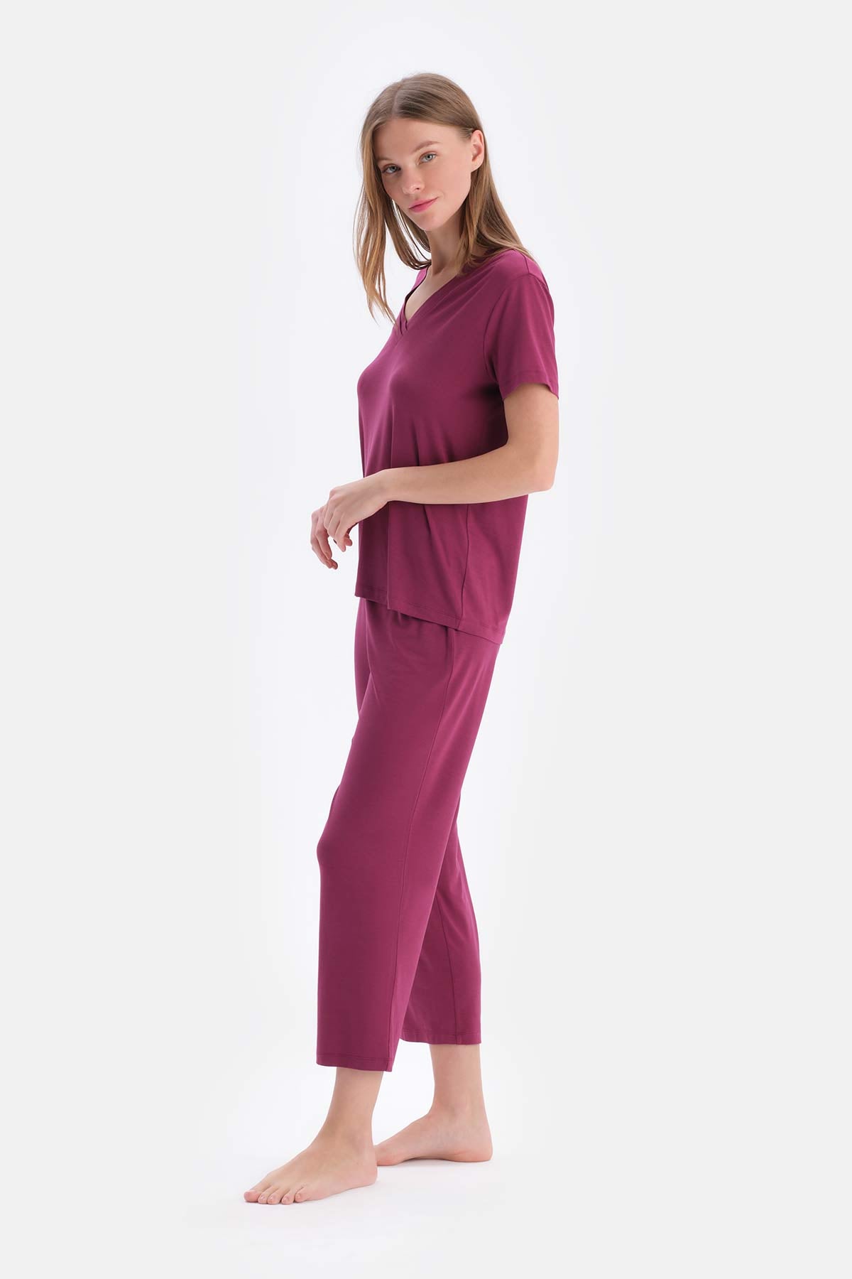 Bordeaux SHORT SLEEVE V-NECK BASIC VISCOSE T-SHIRT PANTS PAJAMA SET