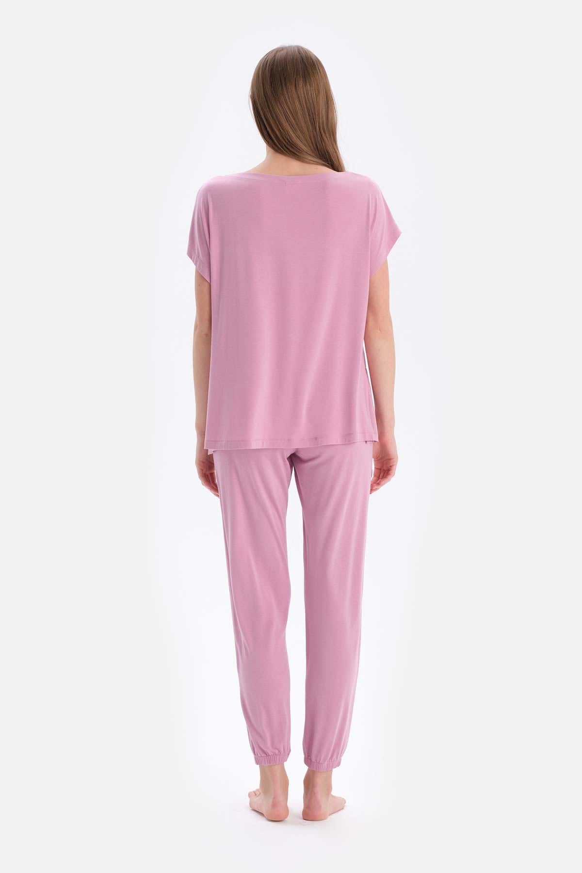 Lila Bisiklet Yaka Kısa Kollu Tişört Jogger Alt Pijama Takımı