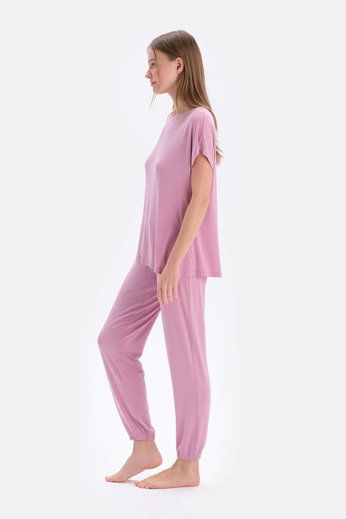 Lila Bisiklet Yaka Kısa Kollu Tişört Jogger Alt Pijama Takımı