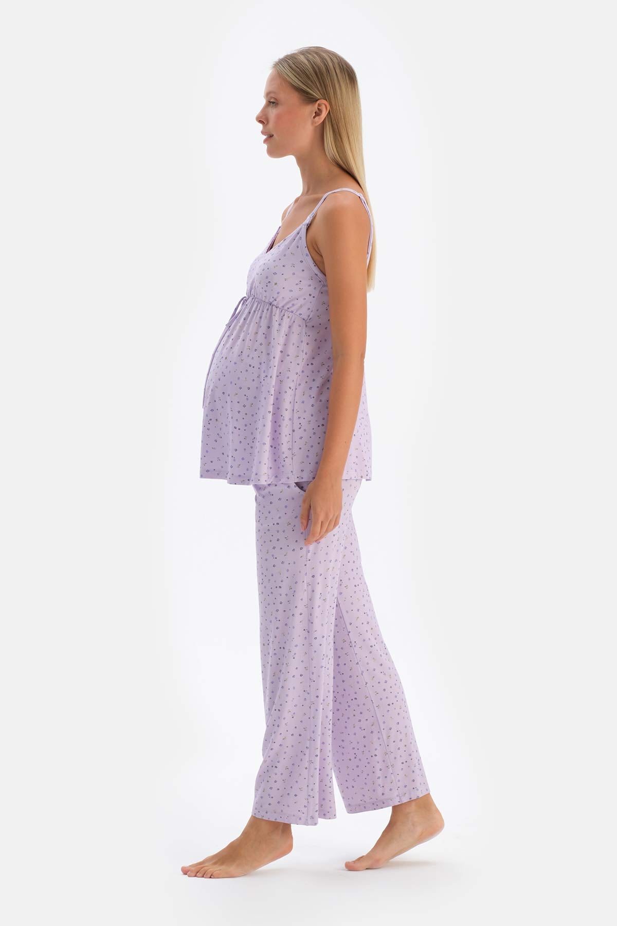 Lila Metraj Çiçek Baskılı Penye Modal Hamile Pijama Takımı