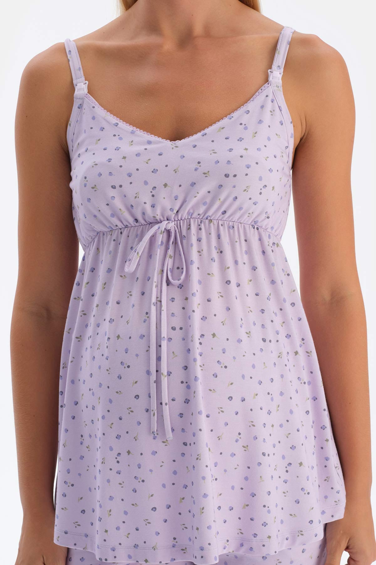 Lila Metraj Çiçek Baskılı Penye Modal Hamile Pijama Takımı