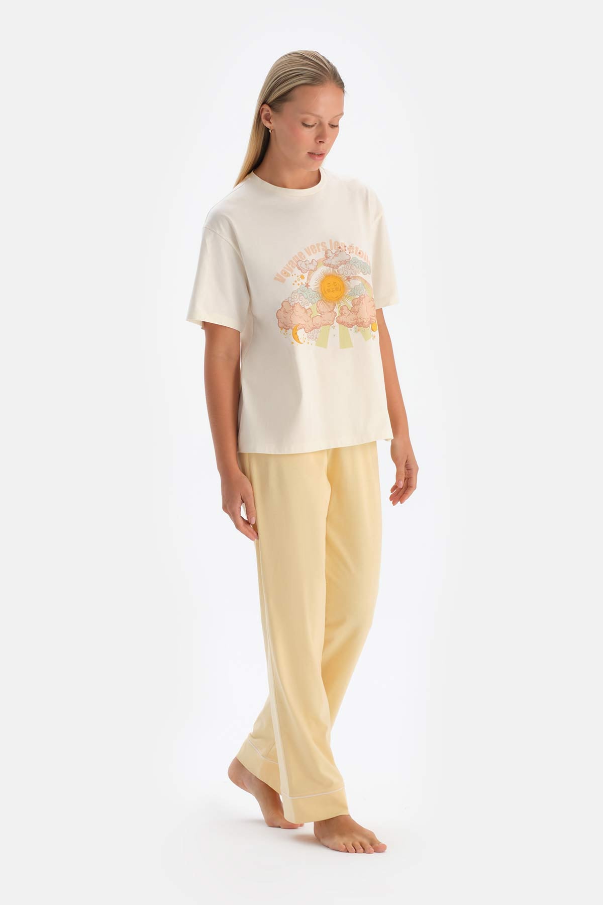 Kırık Beyaz Baskılı Pamuklu Pijama Takımı