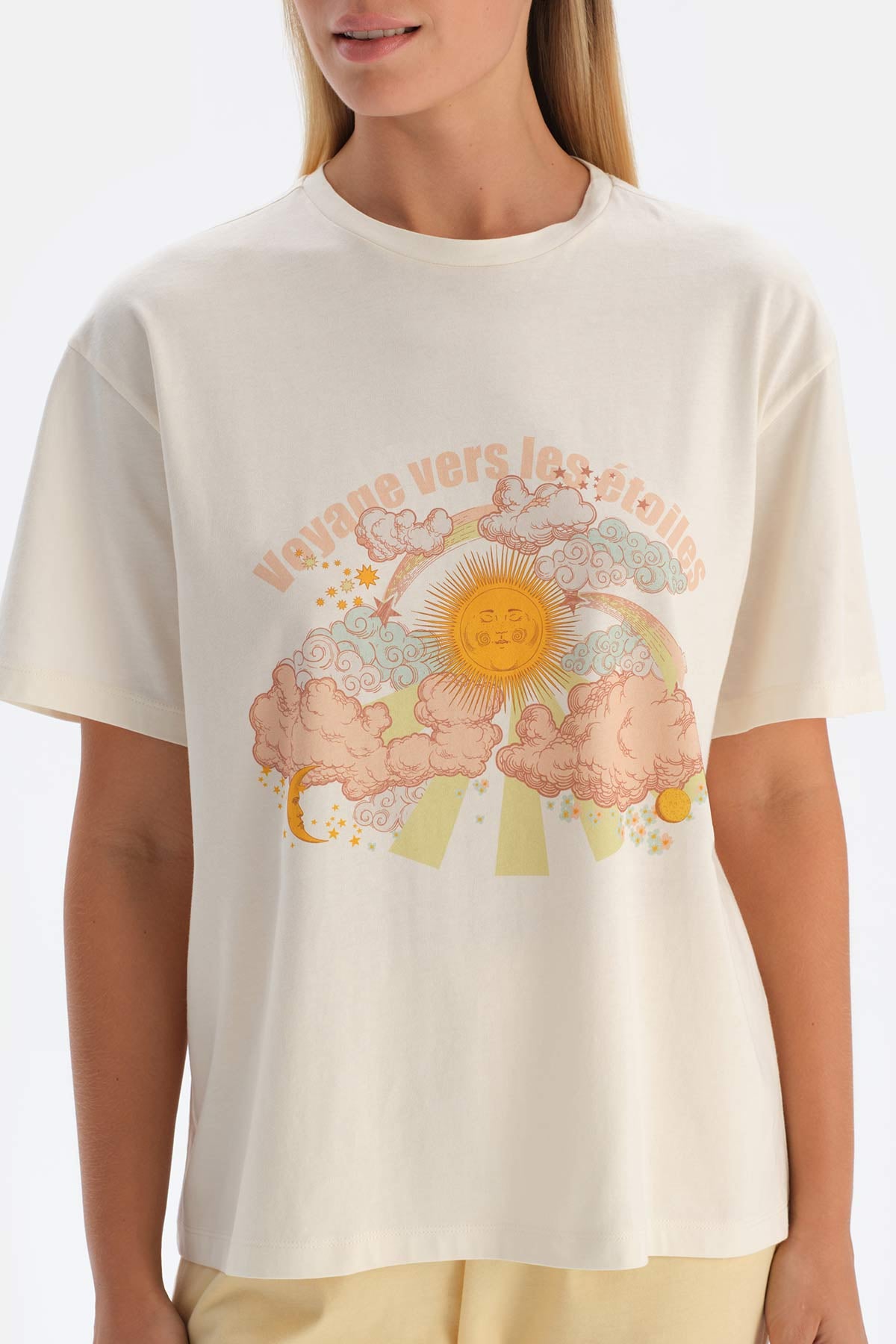 Kırık Beyaz Baskılı Pamuklu Pijama Takımı