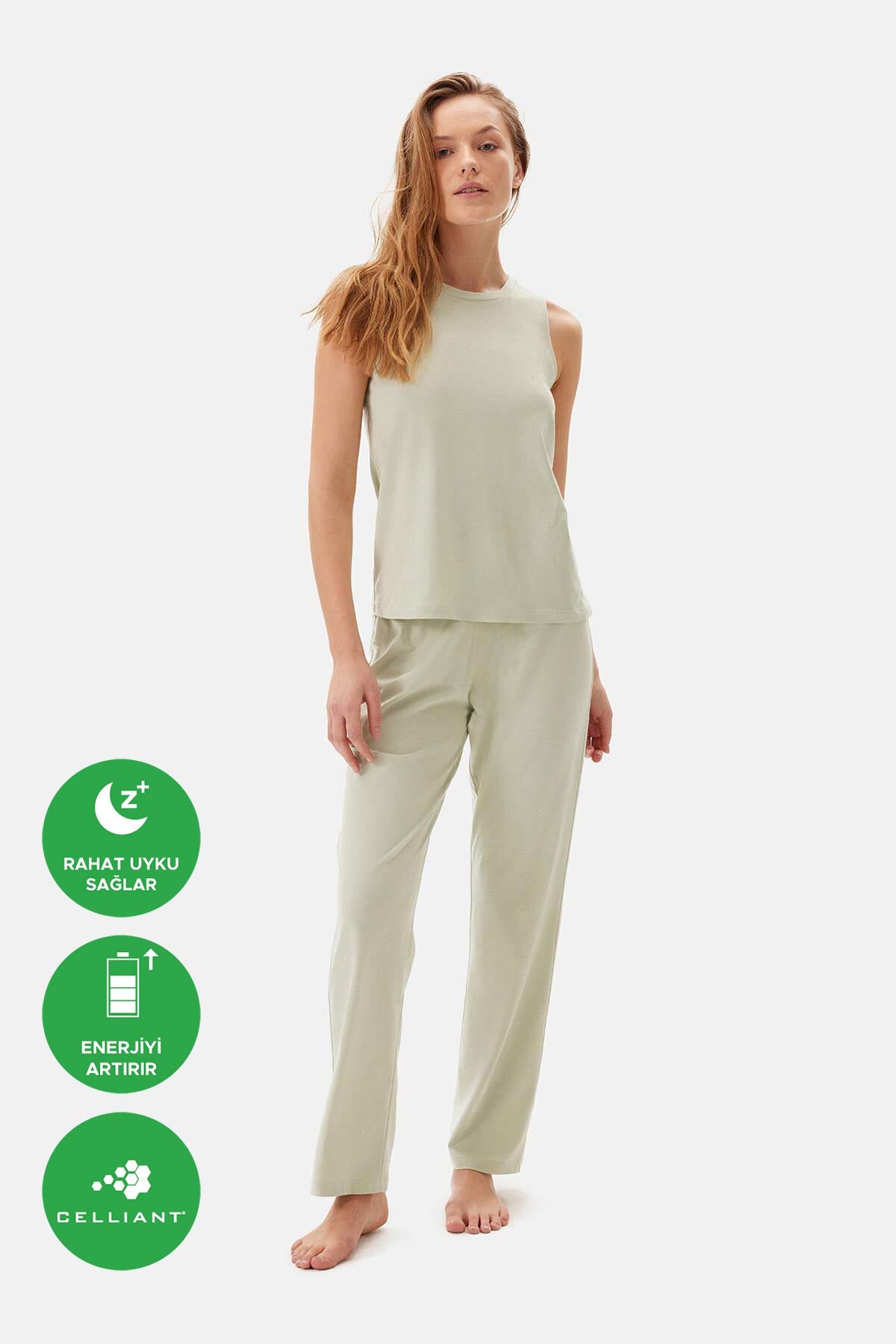 Yeşil Kalın Askılı Celliant Pijama Takımı