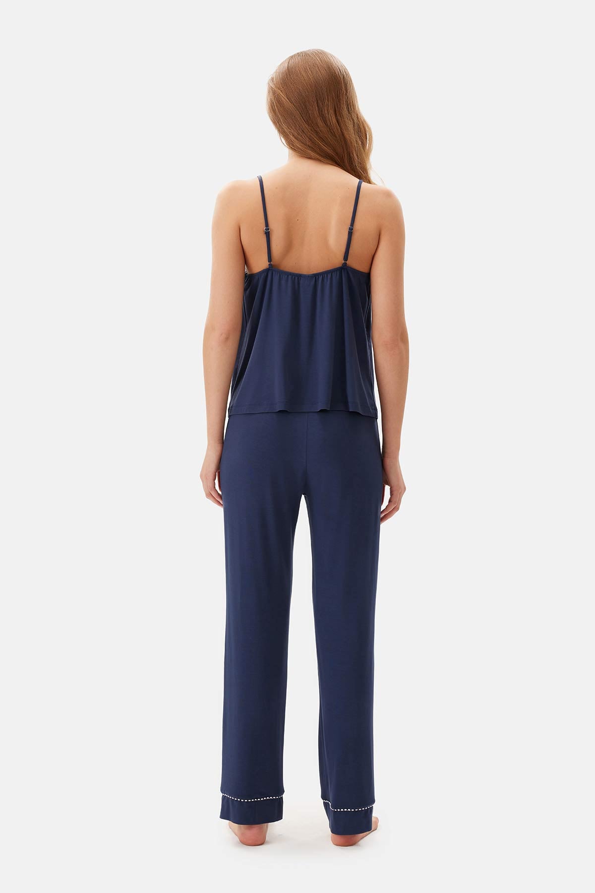 Lacivert Biye Detaylı Askılı Viskon Pijama Takımı